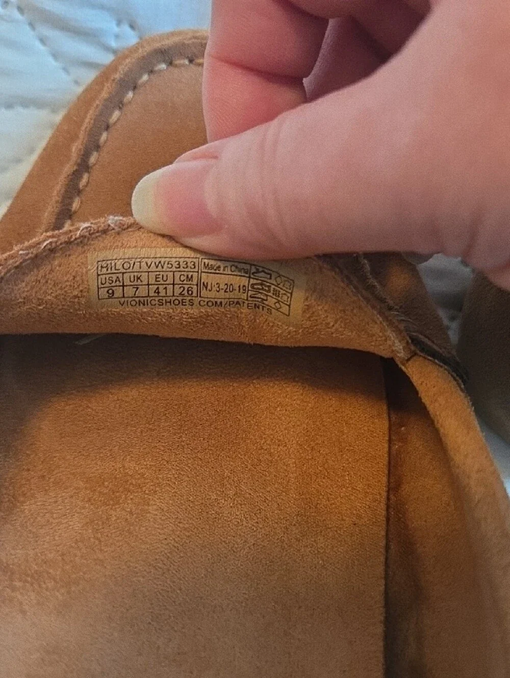 Vionic Tan Suede Loafers with Dark Brown Strap and Gold Accent